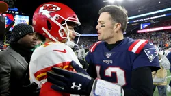 Tom Brady #12 of the New England Patriots talks with Patrick Mahomes #15 of the Kansas City Chiefs after the Chief defeat the Patriots 23-16 at Gillette Stadium on December 08, 2019 in Foxborough, Massachusetts.