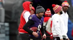 Justin Tucker #9 of the Baltimore Ravens warms up prior to the AFC Championship Game against the Kansas City Chiefs at M&T Bank Stadium on January 28, 2024 in Baltimore, Maryland.
