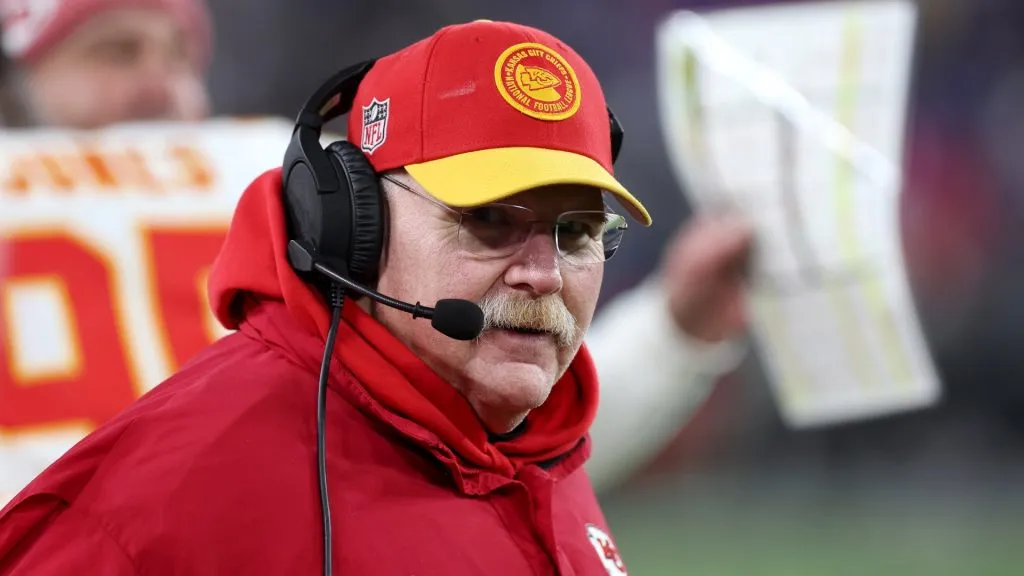 Head coach Andy Reid of the Kansas City Chiefs looks on from the sideline during the fourth quarter against the Baltimore Ravens in the AFC Championship Game at M&amp;T Bank Stadium on January 28, 2024 in Baltimore, Maryland.