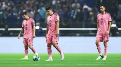 (L-R) Lionel Messi, Luis Suarez and Sergio Busquets of Inter Miami look dejected after conceding their team's second goal which was scored by Abdullah Al-Hamddan of Al Hilal (not pictured) during the Riyadh Season Cup match between Al Hilal and Inter Miami at Kingdom Arena on January 29, 2024 in Riyadh, Saudi Arabia.