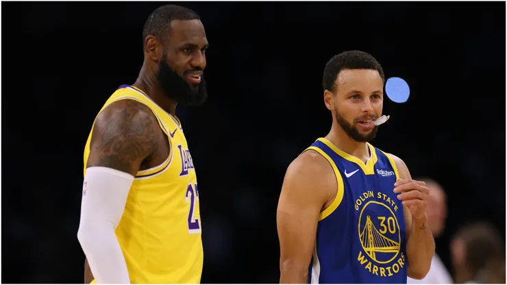 LeBron James #23 of the Los Angeles Lakers and Stephen Curry #30 of the Golden State Warriors.