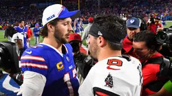 Josh Allen #17 of the Buffalo Bills and Baker Mayfield #6 of the Tampa Bay Buccaneers embrace on the field after their game at Highmark Stadium on October 26, 2023 in Orchard Park, New York.
