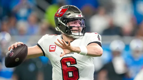 Baker Mayfield #6 of the Tampa Bay Buccaneers passes the ball against the Detroit Lions at Ford Field on January 21, 2024 in Detroit, Michigan.