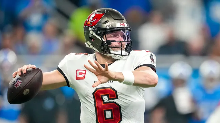 Baker Mayfield #6 of the Tampa Bay Buccaneers passes the ball against the Detroit Lions at Ford Field on January 21, 2024 in Detroit, Michigan.