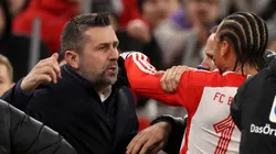 Nenad Bjelica, Head Coach of 1.FC Union Berlin, and Leroy Sane of Bayern Munich clash during the Bundesliga match between FC Bayern München and 1. FC Union Berlin at Allianz Arena on January 24, 2024 in Munich, Germany.
