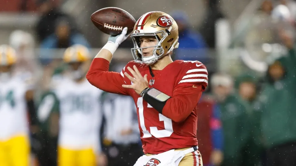 Brock Purdy #13 of the San Francisco 49ers throws a pass during the first half against the Green Bay Packers in the NFC Divisional Playoffs at Levi's Stadium on January 20, 2024 in Santa Clara, California.