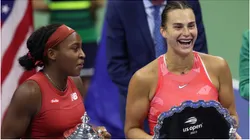 Aryna Sabalenka of Belarus during the trophy ceremony after losing to Coco Gauff of the United States