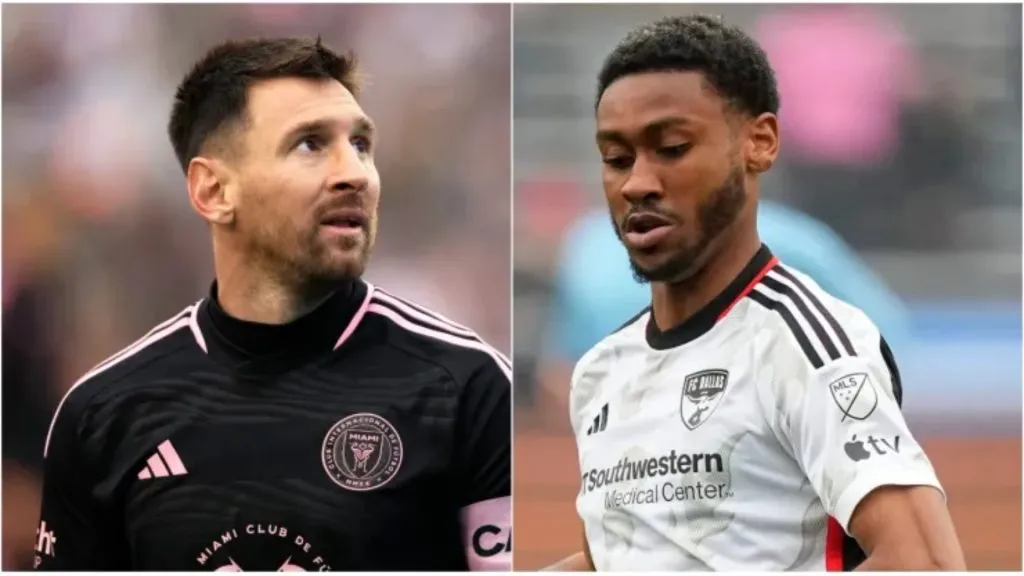 Lionel Messi and FC Dallas defender Nkosi Tafari