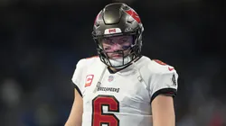 Baker Mayfield #6 of the Tampa Bay Buccaneers participates in warmups prior to the NFC Divisional Playoff game against the Detroit Lions at Ford Field on January 21, 2024 in Detroit, Michigan.