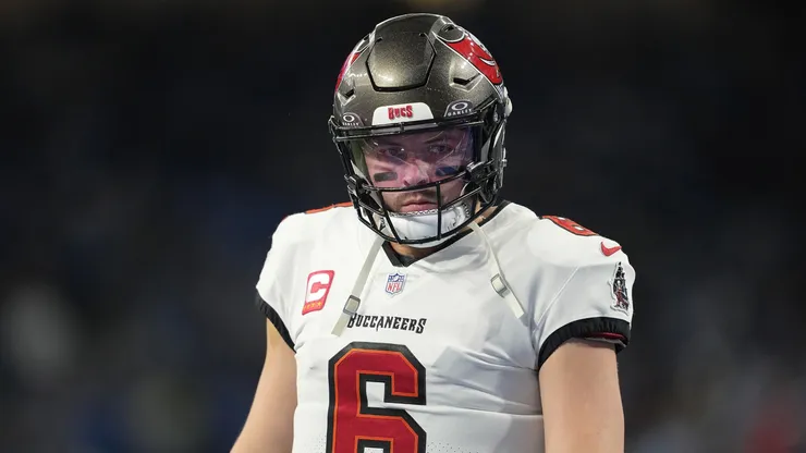 Baker Mayfield #6 of the Tampa Bay Buccaneers participates in warmups prior to the NFC Divisional Playoff game against the Detroit Lions at Ford Field on January 21, 2024 in Detroit, Michigan.