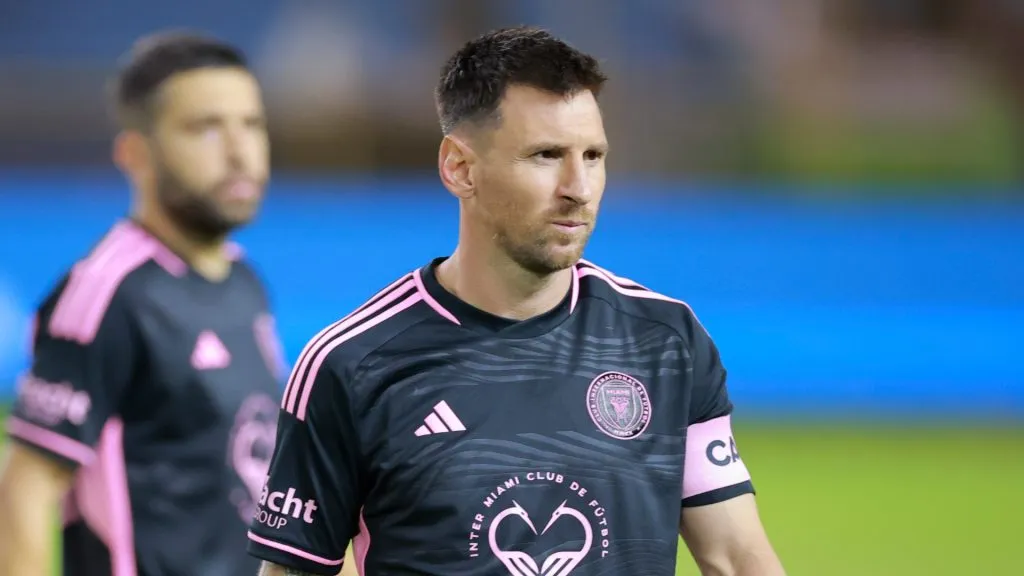 Lionel Messi of Inter Miami FC looks on prior a friendly match between El Salvador and Inter Miami at Cuscatlan Stadium on January 19, 2024 in San Salvador, El Salvador.