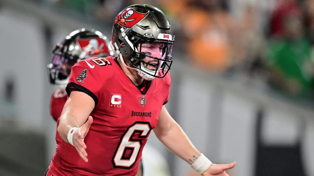 Baker Mayfield #6 of the Tampa Bay Buccaneers reacts against the Philadelphia Eagles during the second quarter in the NFC Wild Card Playoffs at Raymond James Stadium on January 15, 2024 in Tampa, Florida.