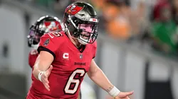 Baker Mayfield #6 of the Tampa Bay Buccaneers reacts against the Philadelphia Eagles during the second quarter in the NFC Wild Card Playoffs at Raymond James Stadium on January 15, 2024 in Tampa, Florida.