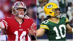 Sam Darnold #14 of the San Francisco 49ers and Jordan Love #10 of the Green Bay Packers