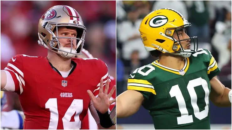 Sam Darnold #14 of the San Francisco 49ers and Jordan Love #10 of the Green Bay Packers