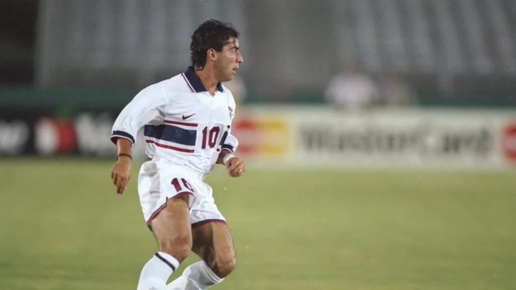 Tab Ramos of the United States moves the ball during a game against El Salvador at the Los Angeles Coliseum in Los Angeles, California. USA won the game, 3-1. Mandatory Credit: Stephen Dunn /Allsport