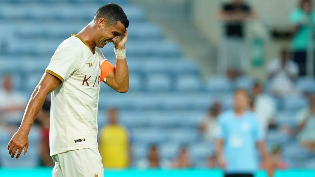 Cristiano Ronaldo of Al Nassr reacts after missing a goal opportunity during the Pre-Season Friendly match between Celta Vigo and Al Nassr at Estadio Algarve on July 17, 2023 in Faro, Portugal. (Photo by Gualter Fatia/Getty Images)