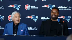 Owner Robert Kraft and newly appointed head coach Jerod Mayo of the New England Patriots speak to the media during a press conference at Gillette Stadium on January 17, 2024 in Foxborough, Massachusetts.