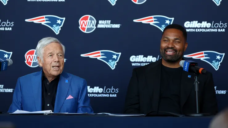 Owner Robert Kraft and newly appointed head coach Jerod Mayo of the New England Patriots speak to the media during a press conference at Gillette Stadium on January 17, 2024 in Foxborough, Massachusetts.