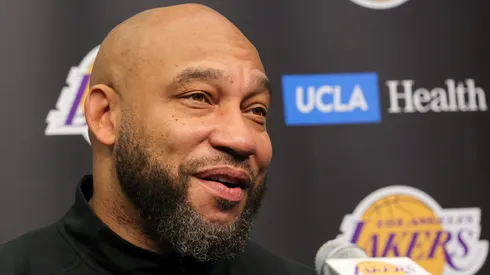 Los Angeles Lakers coach Darvin Ham giving a press conference.