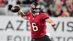 Baker Mayfield #6 of the Tampa Bay Buccaneers throws a pass against the Philadelphia Eagles during the third quarter in the NFC Wild Card Playoffs at Raymond James Stadium on January 15, 2024 in Tampa, Florida.