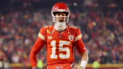 Patrick Mahomes #15 of the Kansas City Chiefs reacts as he takes the field before the AFC Wild Card Playoffs against the Miami Dolphins at GEHA Field at Arrowhead Stadium on January 13, 2024 in Kansas City, Missouri.