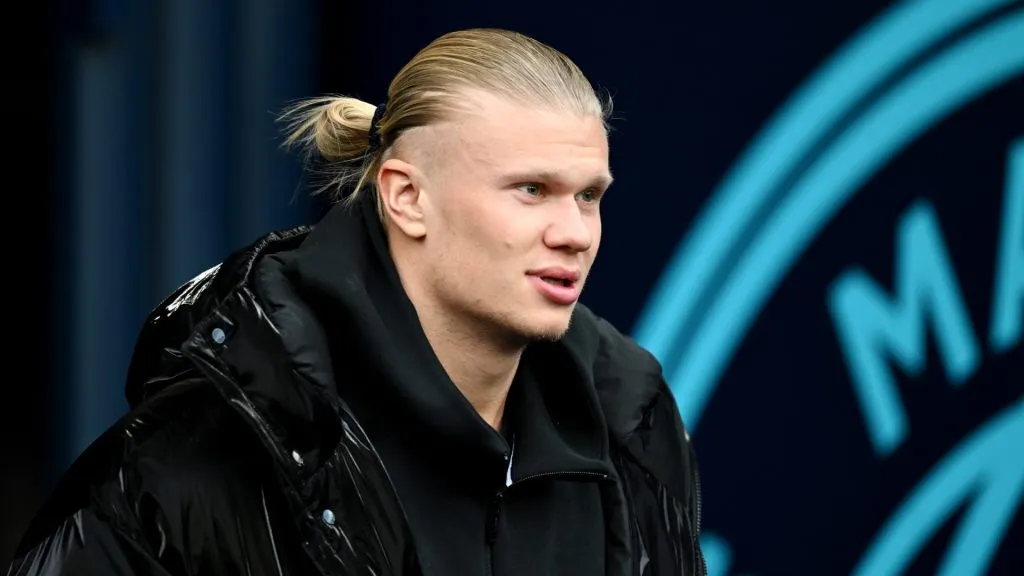 Erling Haaland of Manchester City looks on prior to the Emirates FA Cup Third Round match between Manchester City and Huddersfield Town at Etihad Stadium on January 07, 2024 in Manchester, England.