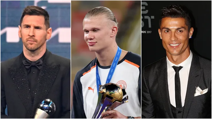 Lionel Messi (left), Erling Haaland (center), and Cristiano Ronaldo.