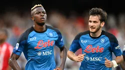 Victor Osimhen of Napoli celebrates scoring their side's second goal with teammate Khvicha Kvaratskhelia during the Serie A match between Napoli and Monza at Stadio Diego Armando Maradona on August 21, 2022 in Naples, Italy.