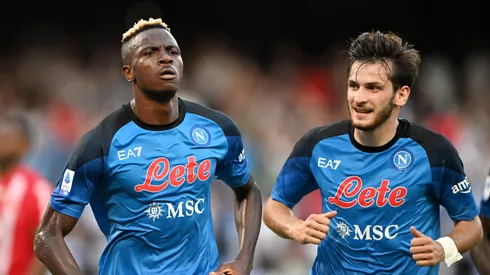 Victor Osimhen of Napoli celebrates scoring their side's second goal with teammate Khvicha Kvaratskhelia during the Serie A match between Napoli and Monza at Stadio Diego Armando Maradona on August 21, 2022 in Naples, Italy.