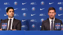 Lionel Messi answers journalists with President Nasser Al Khelaifi during a conference of Paris Saint-Germain at Parc des Princes on August 11, 2021 in Paris, France.