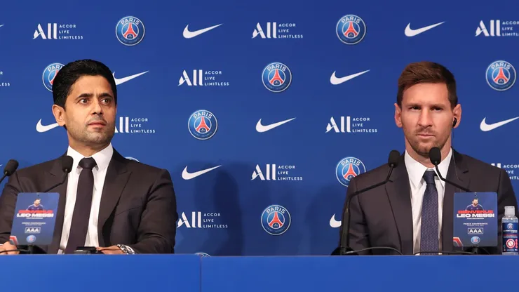 Lionel Messi answers journalists with President Nasser Al Khelaifi during a conference of Paris Saint-Germain at Parc des Princes on August 11, 2021 in Paris, France.