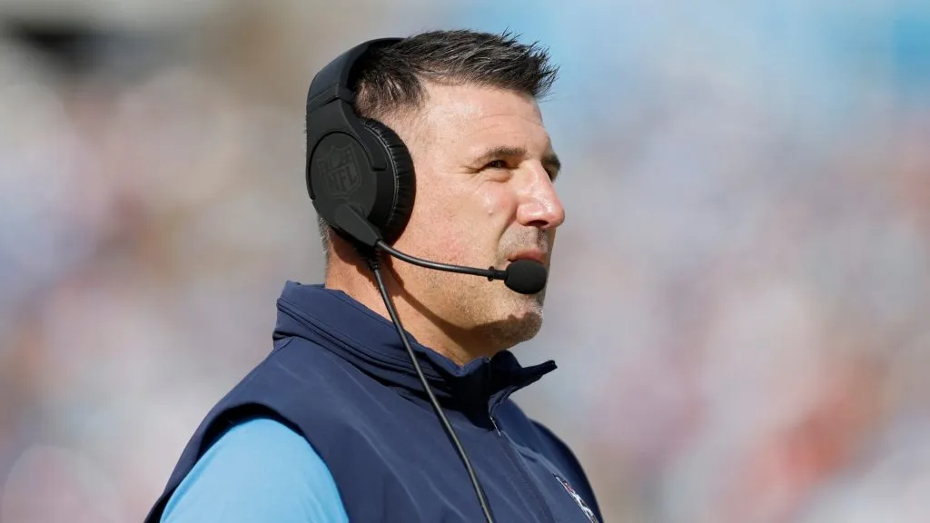 Head coach Mike Vrabel of the Tennessee Titans looks on during the first half in the game against the Seattle Seahawks at Nissan Stadium on December 24, 2023 in Nashville, Tennessee.