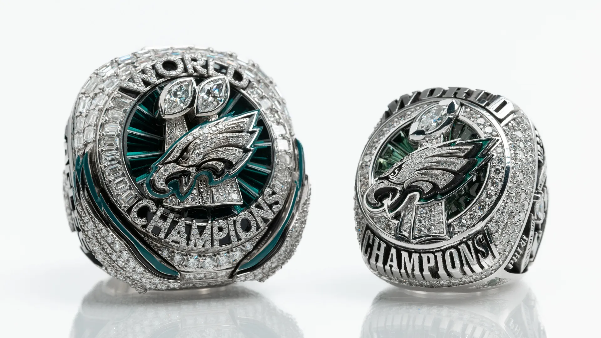 A view of the Philadelphia Eagles' Super Bowl LIX rings.