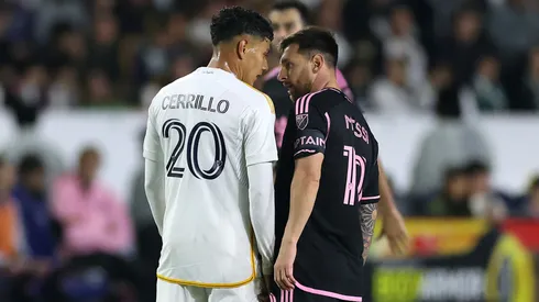 Edwin Cerrillo #20 of Los Angeles Galaxy takes issue and comes face to face with Lionel Messi #10 of Inter Miami during the first half of a game at Dignity Health Sports Park on February 25, 2024 in Carson, California.