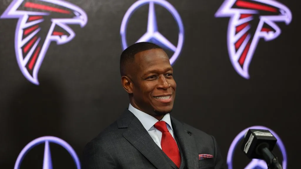 Raheem Morris speaks to the media after being introduced as the head coach of the Atlanta Falcons at Mercedes-Benz Stadium on February 05, 2024 in Atlanta, Georgia.