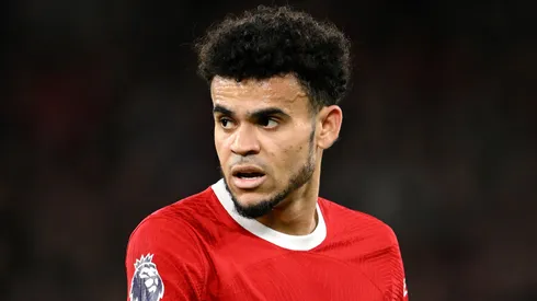 Luis Diaz of Liverpool looks on during the Premier League match between Liverpool FC and Arsenal FC at Anfield on December 23, 2023 in Liverpool, England.