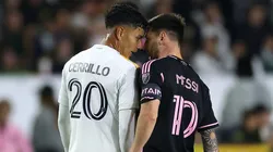 Edwin Cerrillo #20 of Los Angeles Galaxy takes issue and comes face to face with Lionel Messi #10 of Inter Miami during the first half of a game at Dignity Health Sports Park on February 25, 2024 in Carson, California.