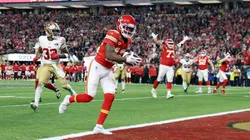 Mecole Hardman Jr. #12 of the Kansas City Chiefs celebrates after catching the game-winning touchdown in overtime to defeat the San Francisco 49ers 25-22 during Super Bowl LVIII at Allegiant Stadium on February 11, 2024 in Las Vegas, Nevada.