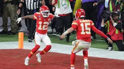 Mecole Hardman celebrates with Patrick Mahomes after scoring the game-winning TD in Super Bowl LVIII.