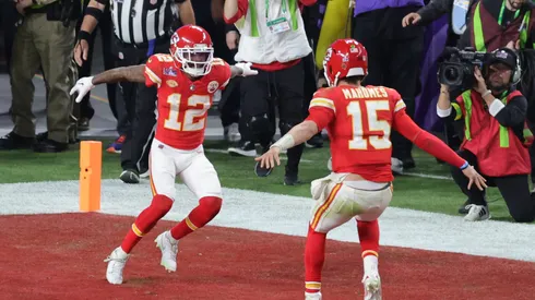 Mecole Hardman celebrates with Patrick Mahomes after scoring the game-winning TD in Super Bowl LVIII.