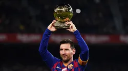 Lionel Messi of FC Barcelona holds up his sixth Ballon d'Or prior to the Liga match between FC Barcelona and RCD Mallorca at Camp Nou on December 07, 2019 in Barcelona, Spain.