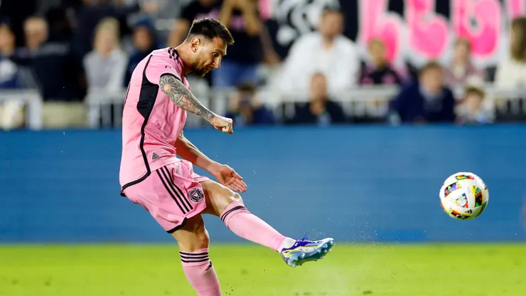 Lionel Messi #10 of Inter Miami kicks the ball during the first half against Real Salt Lake at Chase Stadium on February 21, 2024 in Fort Lauderdale, Florida.