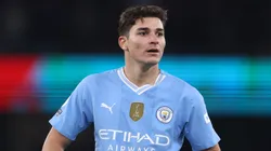 Julian Alvarez of Manchester City during the Premier League match between Manchester City and Chelsea FC at Etihad Stadium on February 17, 2024 in Manchester, England.