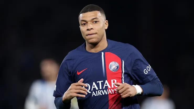 Kylian Mbappe of PSG during the UEFA Champions League 2023/24 round of 16 first leg match between Paris Saint-Germain and Real Sociedad at Parc des Princes on February 14, 2024 in Paris, France.