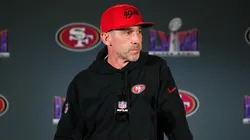 Head coach Kyle Shanahan speaks to the media during San Francisco 49ers media availability ahead of Super Bowl LVIII at Hilton Lake Las Vegas Resort and Spa on February 07, 2024 in Henderson, Nevada.