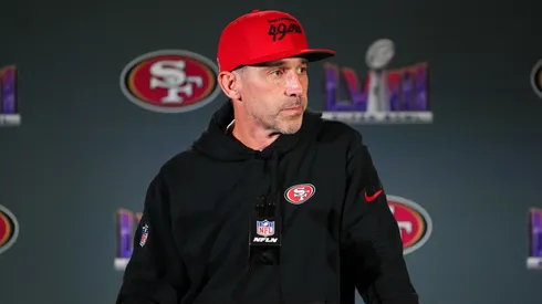 Head coach Kyle Shanahan speaks to the media during San Francisco 49ers media availability ahead of Super Bowl LVIII at Hilton Lake Las Vegas Resort and Spa on February 07, 2024 in Henderson, Nevada.