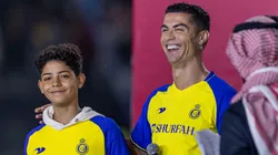 Cristiano Ronaldo and his son Cristiano Ronaldo Jr greet the crowd during the official unveiling of Cristiano Ronaldo as an Al Nassr player at Mrsool Park Stadium on January 3, 2023 in Riyadh, Saudi Arabia.