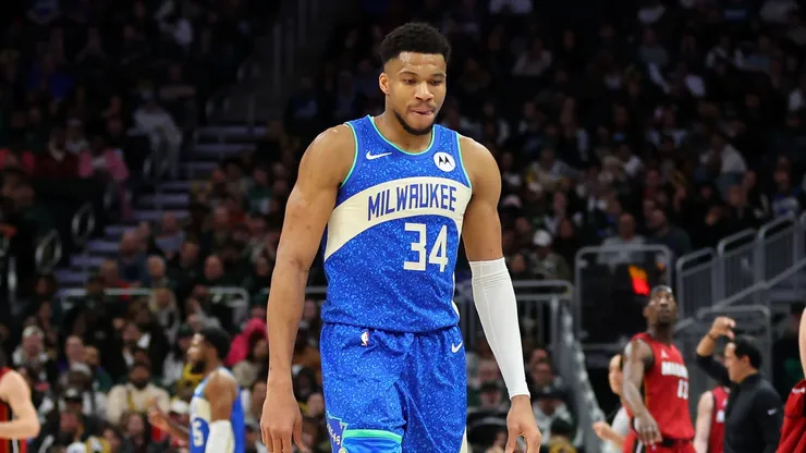 Giannis Antetokounmpo #34 of the Milwaukee Bucks walks backcourt during a game against the Miami Heat at Fiserv Forum on February 13, 2024 in Milwaukee, Wisconsin.