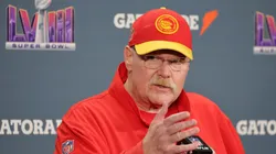 Head coach Andy Reid of the Kansas City Chiefs speaks with the media after the Kansas City Chiefs defeated the San Francisco 49ers 25-22 in overtime during Super Bowl LVIII at Allegiant Stadium on February 11, 2024 in Las Vegas, Nevada.